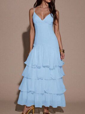 Baby Blue Sexy Women's Ruffled Hem Elegant Spaghetti Strap Dress
